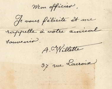 Adolphe Léon Willette - Billet autographe signé de félicitations à G. Hoentschel