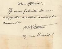 Adolphe Léon Willette - Billet autographe signé de félicitations à G. Hoentschel