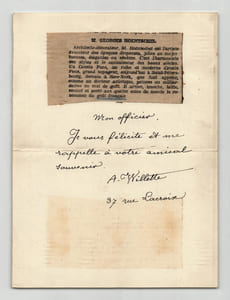 Adolphe Léon Willette - Billet autographe signé de félicitations à G. Hoentschel