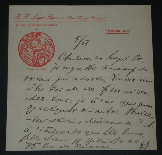 Jean Wladimir BIENSTOCK - LETTRE AUTOGRAPHE &agrave; Aur&eacute;lien LUGN&Eacute;-POE, 2 pages. BIENSTOCK, Jean Wladimir