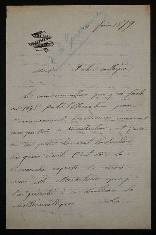 Jules-Antoine Maillard DE LA GOURNERIE - LETTRE AUTOGRAPHE SIGN&Eacute;E, 1879. Jules-Antoine Maillard DE LA GOURNERIE