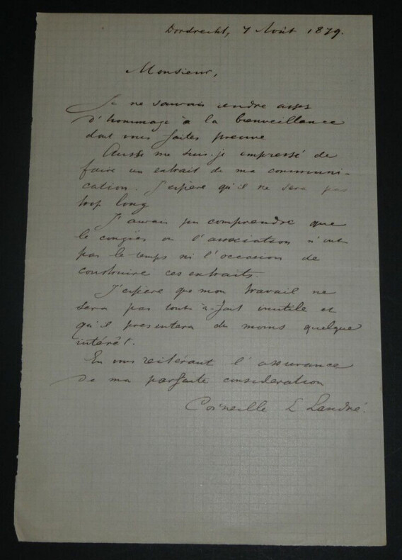 Corneille L. LANDR&Eacute; - LETTRE AUTOGRAPHE SIGN&Eacute;E, 1879, Dordrecht. Corneille L. LANDR&Eacute;