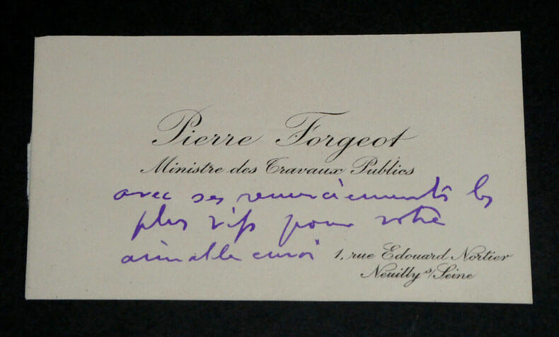Pierre Forgeot - Carte de visite autographe de remerciements. Pierre Forgeot