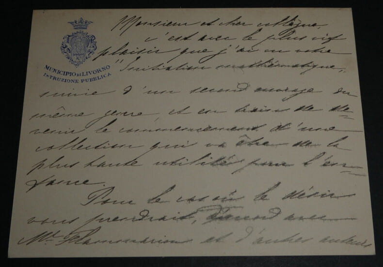 Giulio LAZZERI, Math&eacute;maticien - LETTRE AUTOGRAPHE SIGN&Eacute;E A C.A. LAISANT, 1908. Giulio LAZZERI