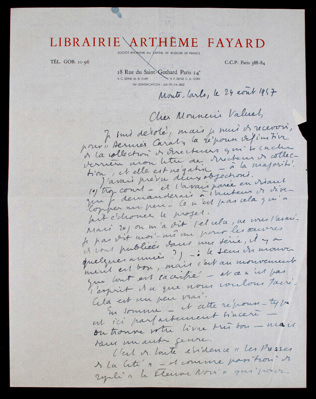 Pierre NORD - LETTRE AUTOGRAPHE SIGN&Eacute;E A Roger VALUET, Monte-Carlo, 1957. Pierre NORD