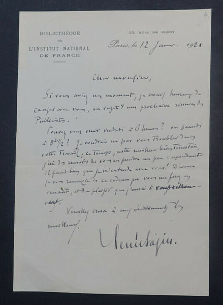 BAZIN Ren&eacute; - LETTRE AUTOGRAPHE SIGNEE, Paris, 12 janvier 1921. Ren&eacute; Bazin