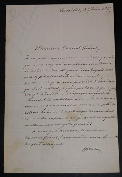 Louis Jules TROCHU, Homme d'&Eacute;tat - LETTRE AUTOGRAPHE SIGN&Eacute;E 1871 VERSAILLES. Louis Jules TROCHU