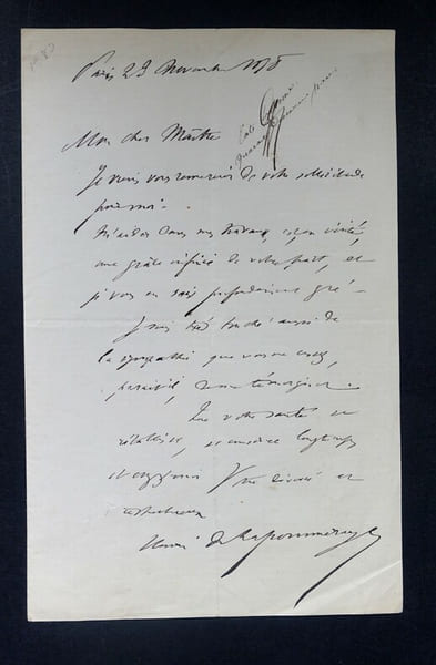 DE LAPOMMERAYE Henri - LETTRE AUTOGRAPHE SIGN&Eacute;E, REMERCIEMENTS, PARIS 1878. Henri de Lapommeraye