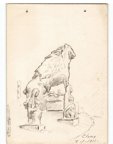 2 dessins au crayon, parc de Cluny, Statues, Paris, par E. Phelipeau 1911. E. Phelipeau
