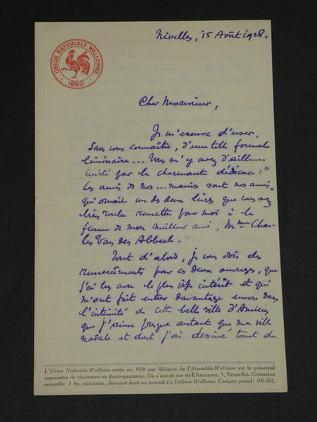 Paul Collet - Lettre autographe sign&eacute;e - Amiens et Nivelles - 1928. Paul COLLET