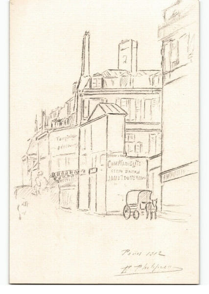 Dessin au crayon, vue de Paris, par E. Phelipeau, sign&eacute; 1912. E. Phelipeau