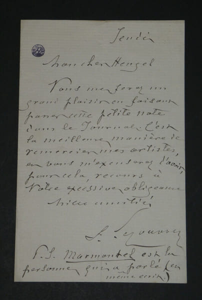 F&eacute;lix Le Couppey, Pianiste - Lettre autographe sign&eacute;e &agrave; Heugel. F&eacute;lix Le Couppey