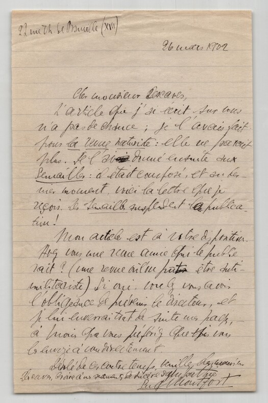 Eug&egrave;ne Montfort - Lettre autographe sign&eacute;e &agrave; Mr Descaves "Antimilitariste" 1902. Eug&egrave;ne Montfort