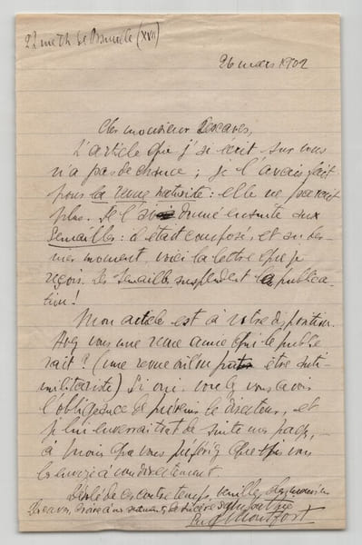 Eug&egrave;ne Montfort - Lettre autographe sign&eacute;e &agrave; Mr Descaves "Antimilitariste" 1902. Eug&egrave;ne Montfort