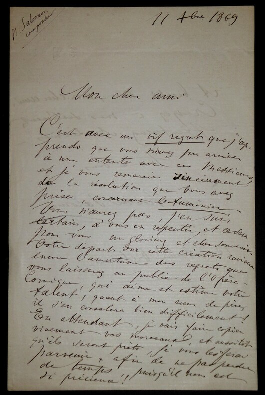 SALOMON Hector - LETTRE AUTOGRAPHE SIGN&Eacute;E, OP&Eacute;RA COMIQUE, PARIS, 1869. Hector Salomon
