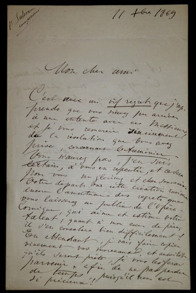 SALOMON Hector - LETTRE AUTOGRAPHE SIGN&Eacute;E, OP&Eacute;RA COMIQUE, PARIS, 1869. Hector Salomon