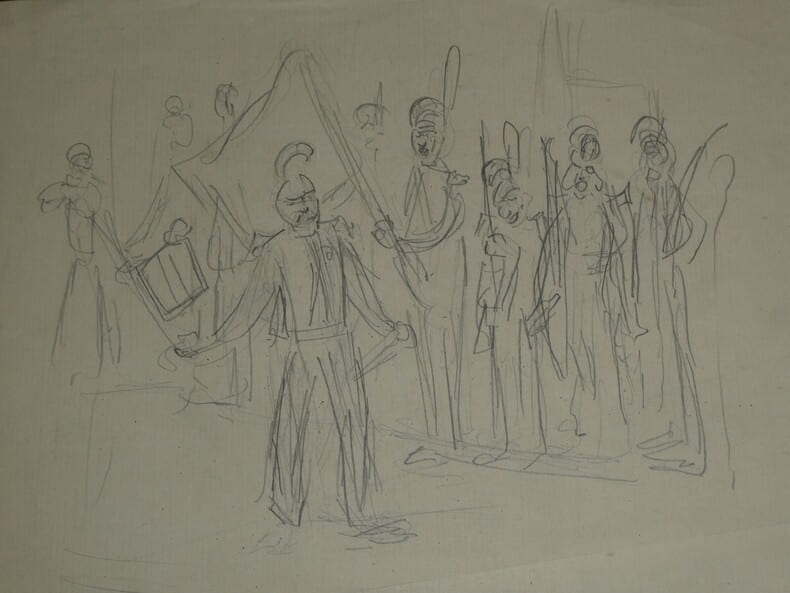 Dessin original au crayon - Sc&egrave;ne militaire avec tambour, XIX &egrave;me. Anonyme