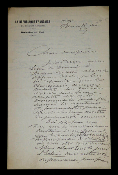 Jules LAFFITTE - Lettre autographe sign&eacute;e, Paris. Papier avec ent&ecirc;te "La R&eacute;publique Fran&ccedil;aise", R&eacute;dacteur en chef.. Jules Laffitte