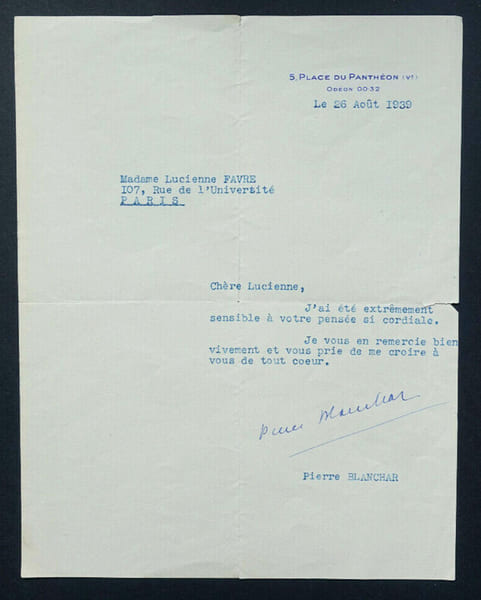 Pierre BLANCHAR - Tapuscrit sign&eacute; adress&eacute; &agrave; Lucienne FAVRE, 26 ao&ucirc;t 1939. Pierre Blanchar