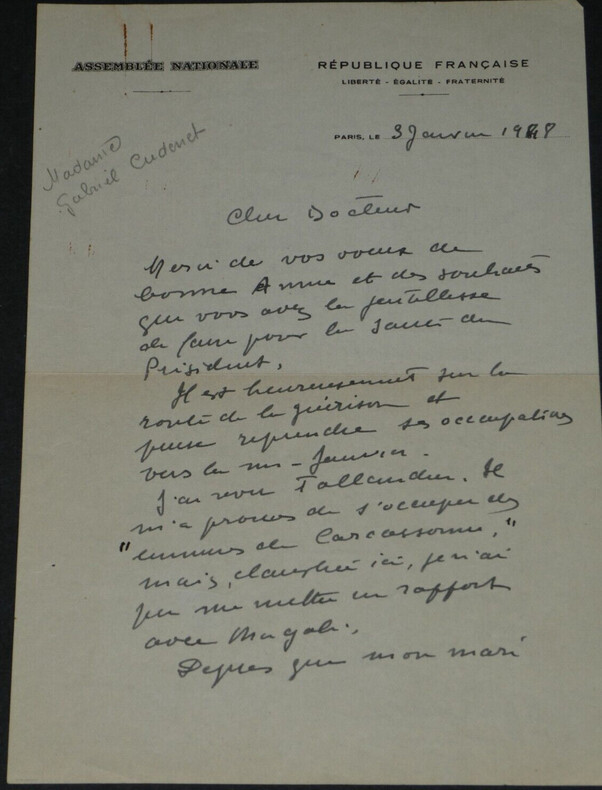 Madame Gabriel CUDENET - LETTRE AUTOGRAPHE SIGN&Eacute;E "sant&eacute; du Pr&eacute;sident" [1948]. Madame Gabriel CUDENET