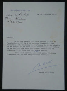André CASTELOT - LETTRE AUTOGRAPHE SIGNÉE, estimation par la maison Charavay, lettre à Eliane Bourg, 26 janvier 1978