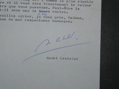 André CASTELOT - LETTRE AUTOGRAPHE SIGNÉE, estimation par la maison Charavay, lettre à Eliane Bourg, 26 janvier 1978