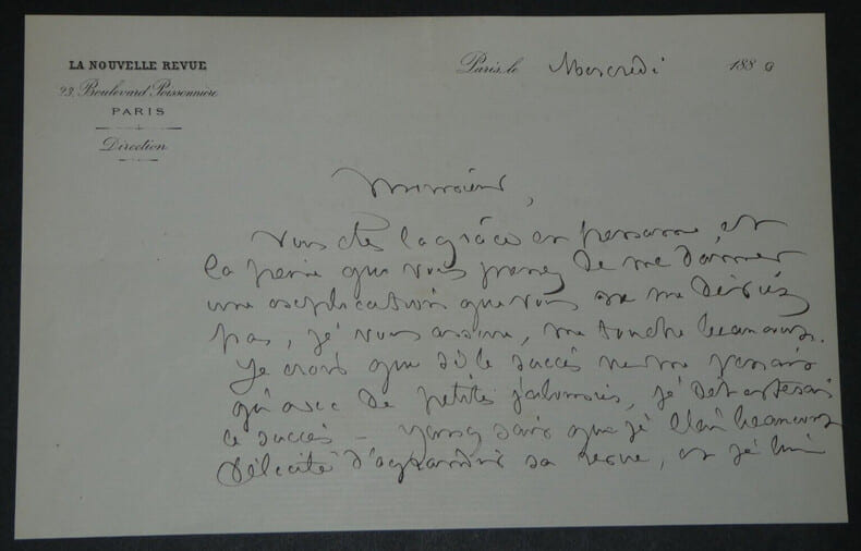 Juliette ADAM - LETTRE AUTOGRAPHE SIGN&Eacute;E, lettre de remerciement, 1880. Juliette Adam