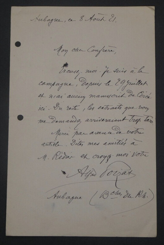 Alfred POIZAT, Homme de lettres - LETTRE AUTOGRAPHE SIGN&Eacute;E, Aubagne, 1921. Alfred POIZAT