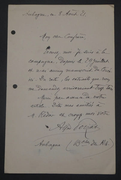 Alfred POIZAT, Homme de lettres - LETTRE AUTOGRAPHE SIGN&Eacute;E, Aubagne, 1921. Alfred POIZAT