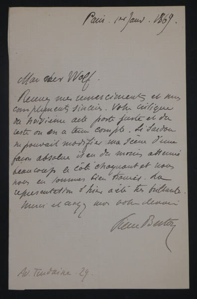 Pierre BERTON, Ecrivain - LETTRE AUTOGRAPHE SIGN&Eacute;E DE REMERCIEMENTS A WOLF, 1869. Pierre BERTON