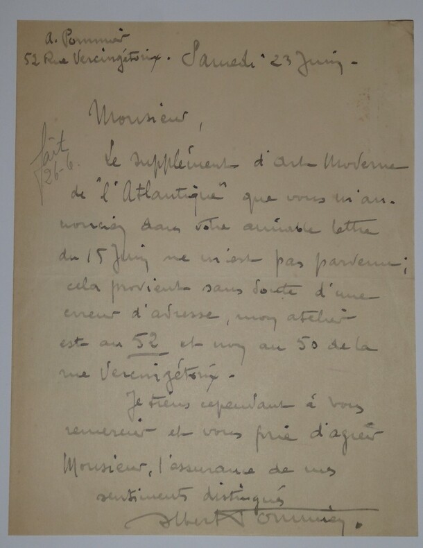 LETTRE AUTOGRAPHE SIGN&Eacute;E, ART MODERNE DE L'ATLANTIQUE. Albert Pommier