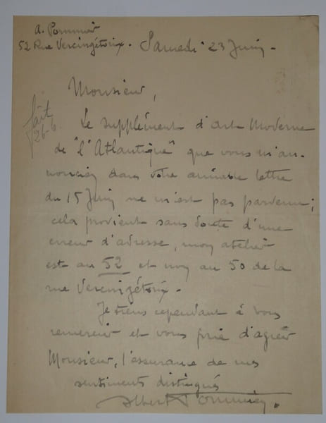 LETTRE AUTOGRAPHE SIGN&Eacute;E, ART MODERNE DE L'ATLANTIQUE. Albert Pommier