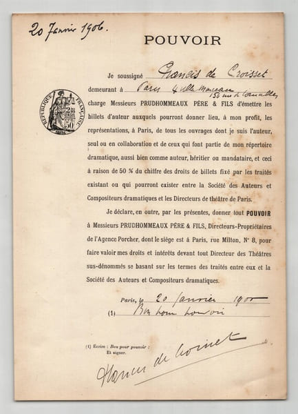 Pouvoir sign&eacute; par Francis de Croisset - Collection coh&eacute;rente 25 auteurs & musiciens. Francis de Croisset