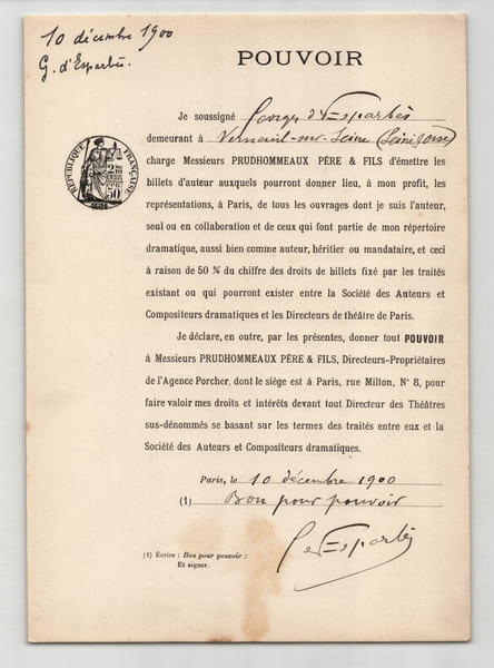 Pouvoir sign&eacute; Georges d'Esparb&egrave;s – Collection coh&eacute;rente de 50 auteurs & musiciens. Georges d'Esparb&egrave;s