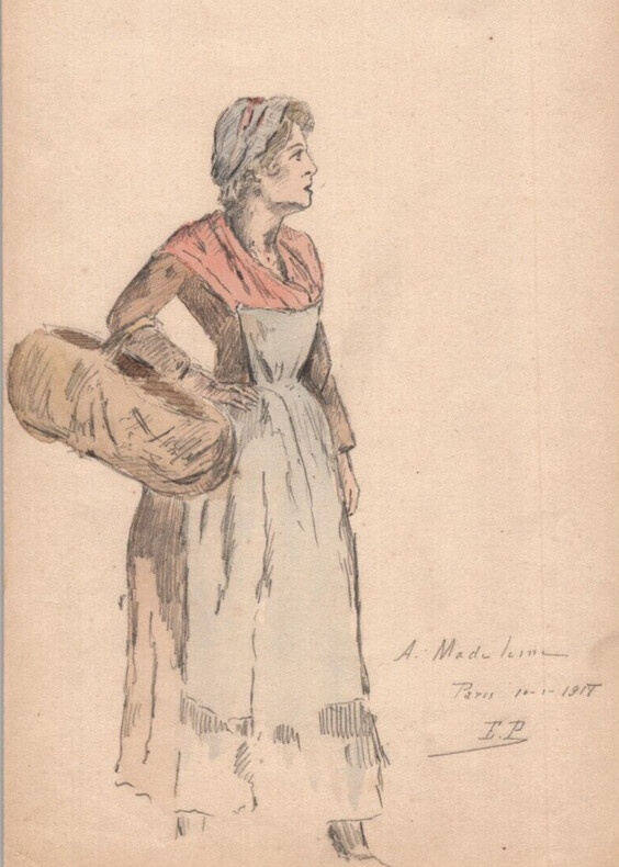 Esquisse de femme au panier sign&eacute;e A. Madeleine – 1918. A. Madeleine