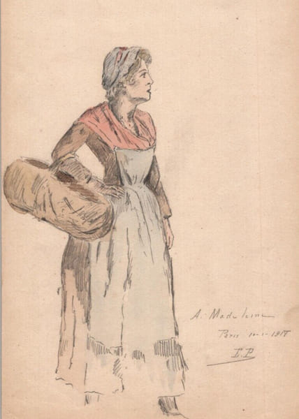 Esquisse de femme au panier sign&eacute;e A. Madeleine – 1918. A. Madeleine