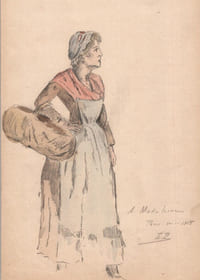 Esquisse de femme au panier signée A. Madeleine – 1918