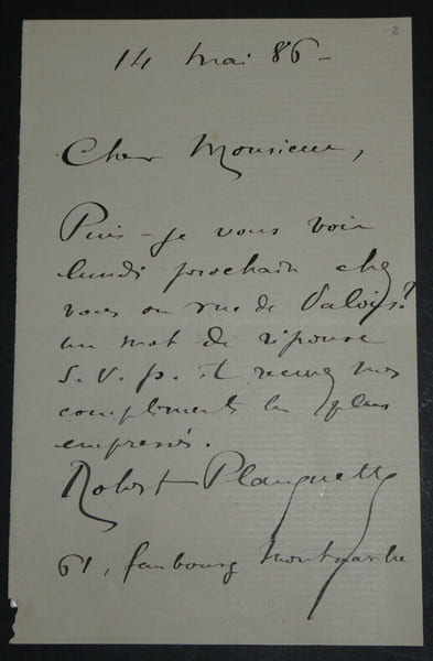 Robert PLANQUETTE, Compositeur - LETTRE AUTOGRAPHE SIGN&Eacute;E, 1886. Robert PLANQUETTE