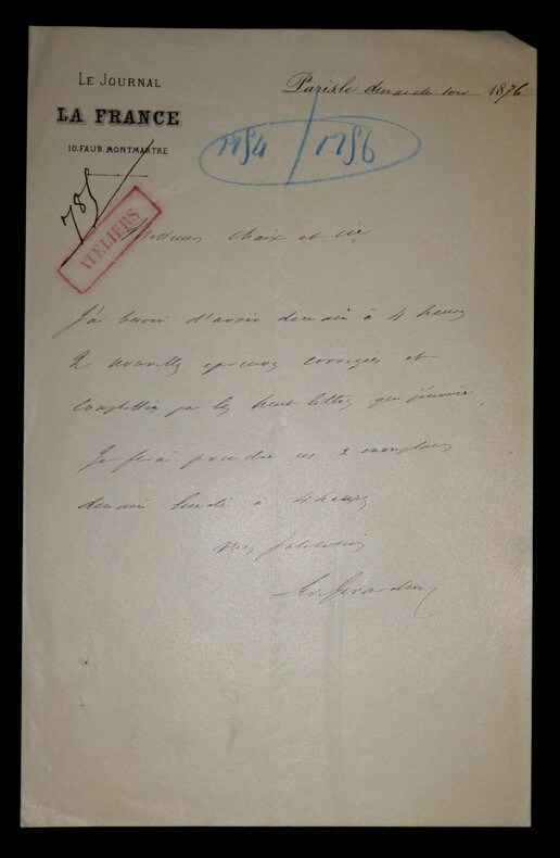 LETTRE AUTOGRAPHE SIGN&Eacute;E , JOURNAL LA FRANCE, PARIS 1876. DE GIRARDIN Emile