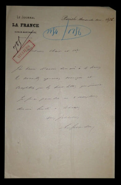 LETTRE AUTOGRAPHE SIGN&Eacute;E , JOURNAL LA FRANCE, PARIS 1876. DE GIRARDIN Emile