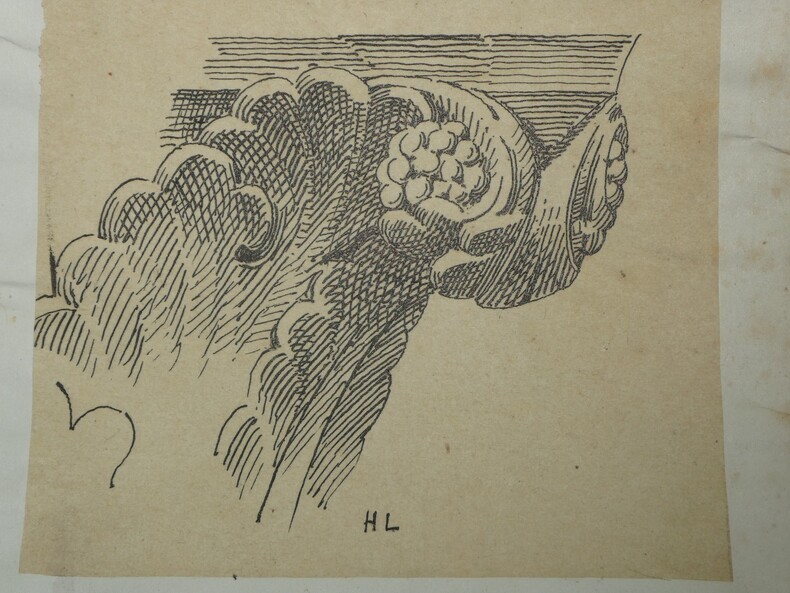 Dessin original sign&eacute; - Crochet d'un chapiteau de la cath&eacute;drale de Lisieux, fin du XIIe si&egrave;cle. Louis Henri Laffill&eacute;e