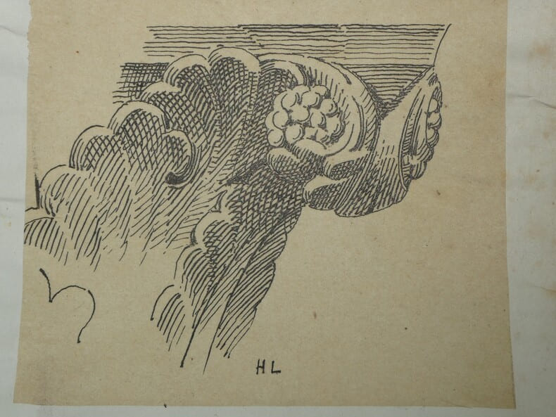 Dessin original sign&eacute; - Crochet d'un chapiteau de la cath&eacute;drale de Lisieux, fin du XIIe si&egrave;cle. Louis Henri Laffill&eacute;e