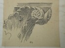 Dessin original sign&eacute; - Crochet d'un chapiteau de la cath&eacute;drale de Lisieux, fin du XIIe si&egrave;cle. Louis Henri Laffill&eacute;e
