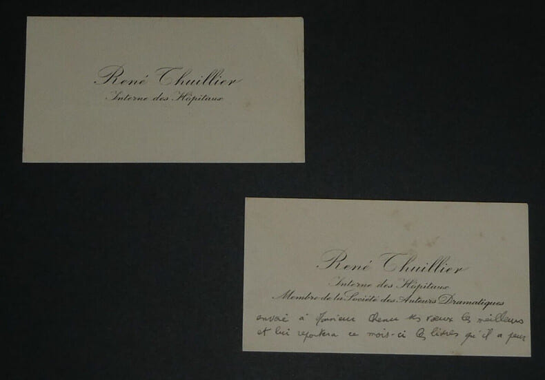 Ren&eacute; THUILLIER - 2 Cartes de visite dont 1 autographe - La Vie maladive de Moli&egrave;re. Ren&eacute; THUILLIER