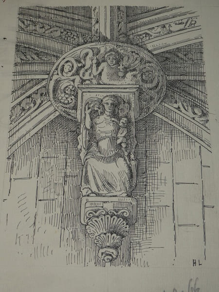 Clef de vo&ucirc;te pendante dans l'&eacute;glise de Fontaine-sur-Somme - Dessin original sign&eacute;. Louis Henri Laffill&eacute;e