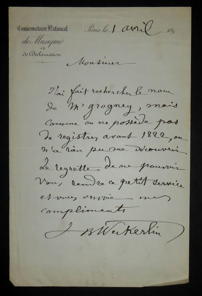 LETTRE AUTOGRAPHE SIGN&Eacute;E, CONSERVATOIRE NATIONAL DE MUSIQUE ET DE D&Eacute;CLAMATION. Jean-Baptiste Weckerlin