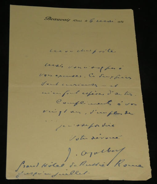 Jean AJALBERT - Lettre autographe sign&eacute;e &agrave; Pierre LHOSTE, "&agrave; vos vingt ans" 1934. Jean AJALBERT