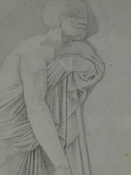 Dessin original au crayon - Figure drap&eacute;e en posture m&eacute;ditative, XIX&egrave;me. Anonyme
