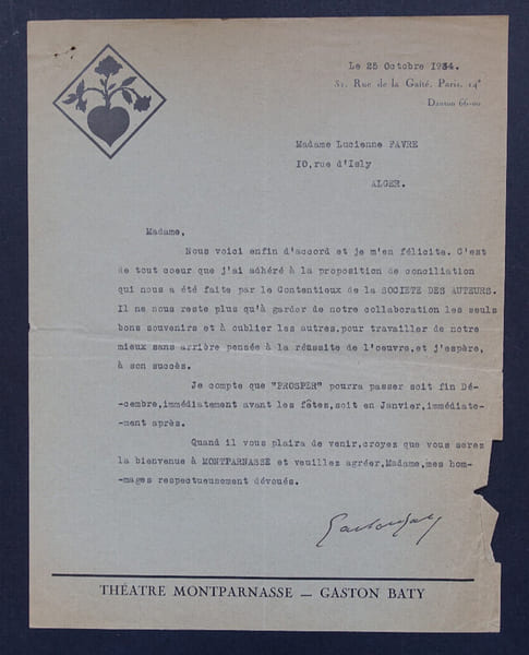 Gaston BATY - TAPUSCRIT SIGN&Eacute; &Agrave; Lucienne FAVRE, Paris, 1934. Gaston Baty