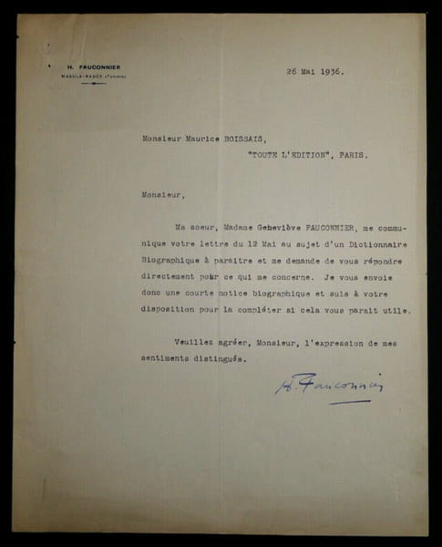 Henri FAUCONNIER - LETTRE AUTOGRAPHE SIGN&Eacute;E adress&eacute; &agrave; Maurice BOISSAIS, 1936. Henri FAUCONNIER